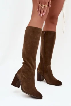 Buty Sergio Leone Kozaki Ocieplane|Kozaki Na Słupku*Kozaki Damskie Z Naturalnego Zamszu Ocieplane Obcas Słupek Sergio Leone KZ25668-S Oliwkowe Zielony