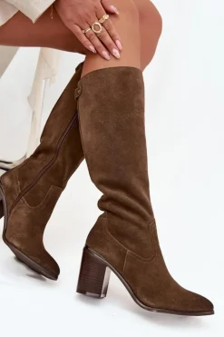 Buty Sergio Leone Kozaki Ocieplane|Kozaki Na Słupku*Kozaki Damskie Z Naturalnego Zamszu Ocieplane Obcas Słupek Sergio Leone KZ25668-S Oliwkowe Zielony