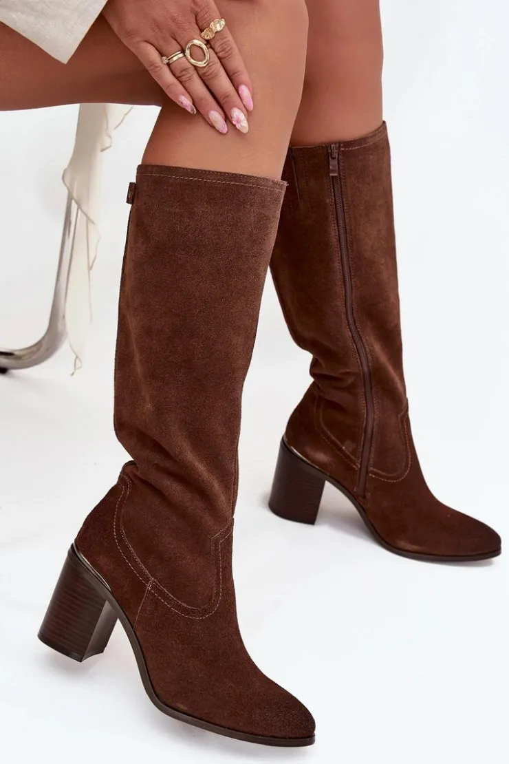 Buty Sergio Leone Kozaki Ocieplane|Kozaki Na Słupku*Kozaki Damskie Z Naturalnego Zamszu Ocieplane Obcas Słupek Sergio Leone KZ25668-S Brązowe