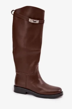 Damskie Boto Kozaki Damskie Z Ozdobnym Paskiem Eko Skórzane Czekoladowe Palisse