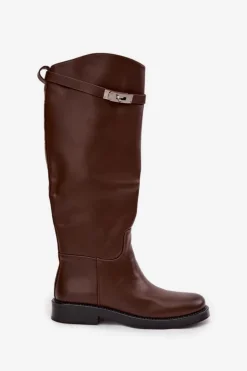 Damskie Boto Kozaki Damskie Z Ozdobnym Paskiem Eko Skórzane Czekoladowe Palisse