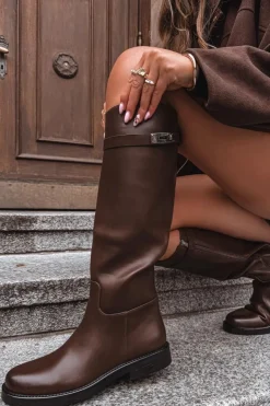 Damskie Boto Kozaki Damskie Z Ozdobnym Paskiem Eko Skórzane Czekoladowe Palisse