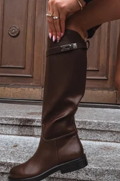 Damskie Boto Kozaki Damskie Z Ozdobnym Paskiem Eko Skórzane Czekoladowe Palisse