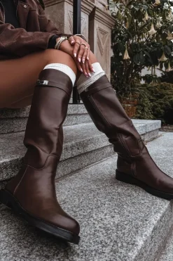 Damskie Boto Kozaki Damskie Z Ozdobnym Paskiem Eko Skórzane Czekoladowe Palisse