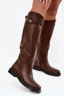 Damskie Boto Kozaki Damskie Z Ozdobnym Paskiem Eko Skórzane Czekoladowe Palisse