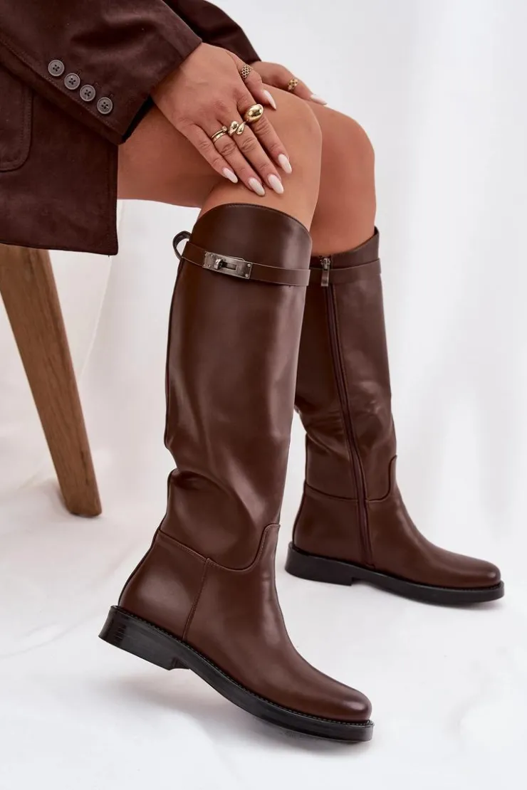 Damskie Boto Kozaki Damskie Z Ozdobnym Paskiem Eko Skórzane Czekoladowe Palisse