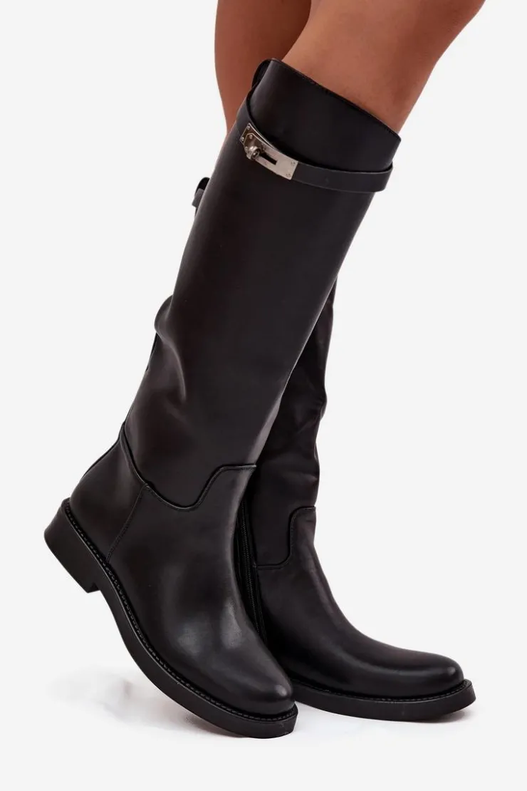 Damskie Boto Kozaki Damskie Z Ozdobnym Paskiem Eko Skórzane Czarne Palisse