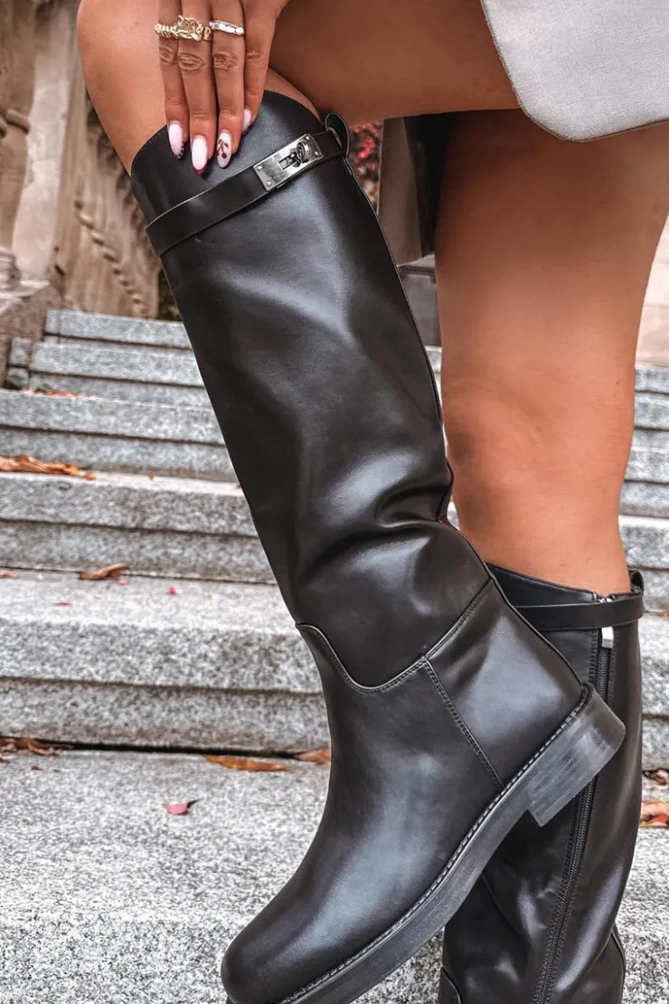 Damskie Boto Kozaki Damskie Z Ozdobnym Paskiem Eko Skórzane Czarne Palisse