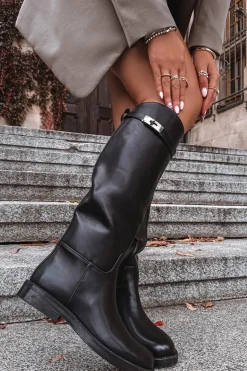 Damskie Boto Kozaki Damskie Z Ozdobnym Paskiem Eko Skórzane Czarne Palisse