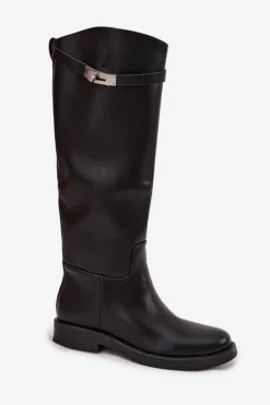 Damskie Boto Kozaki Damskie Z Ozdobnym Paskiem Eko Skórzane Czarne Palisse