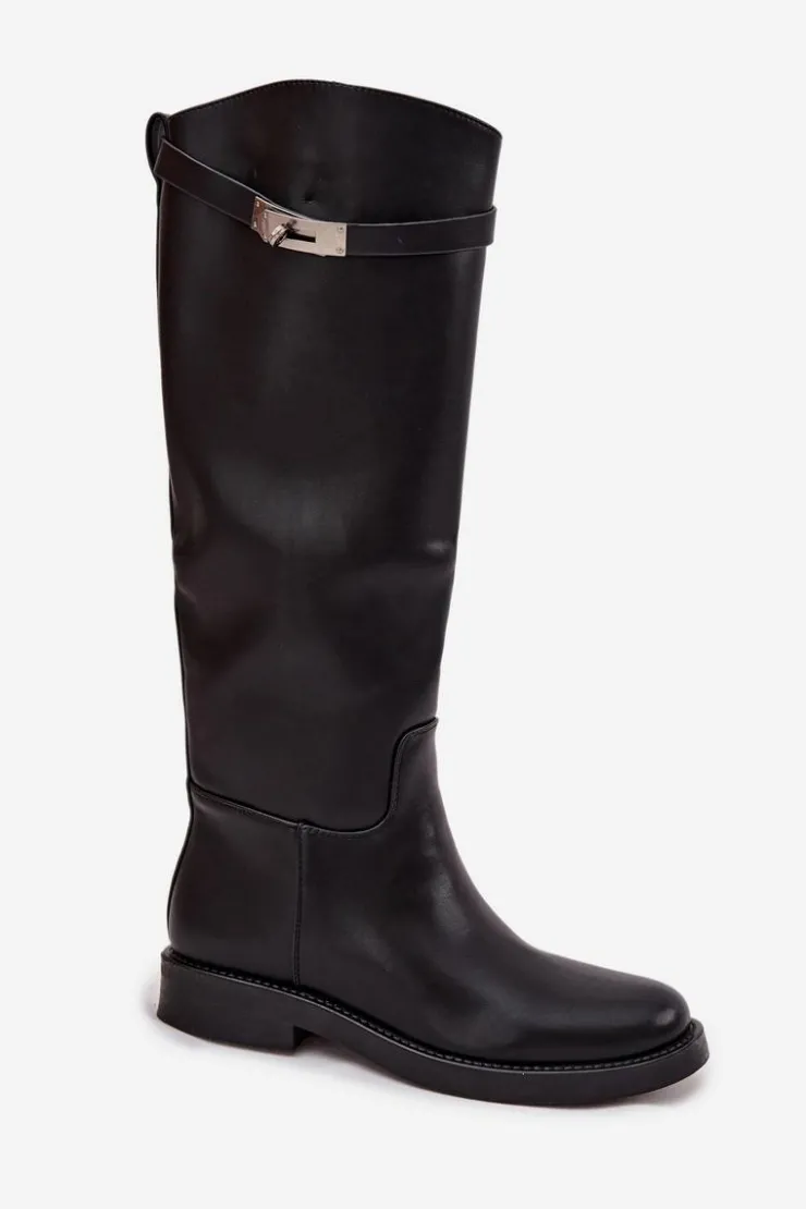 Damskie Boto Kozaki Damskie Z Ozdobnym Paskiem Eko Skórzane Czarne Palisse