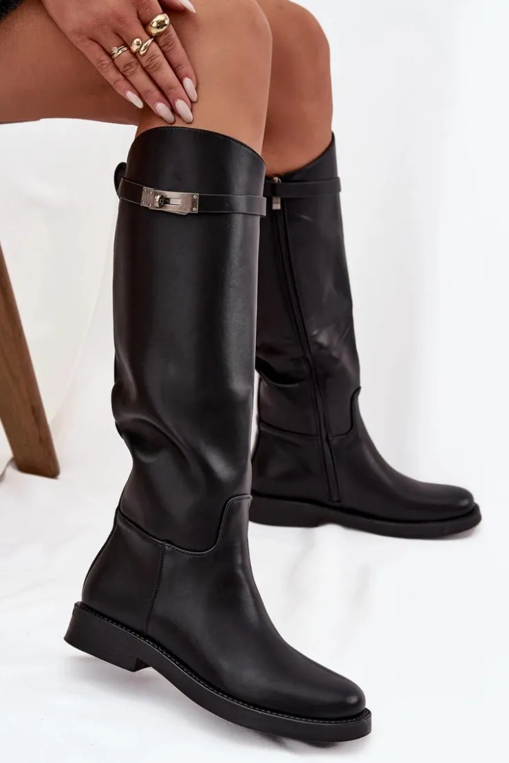 Damskie Boto Kozaki Damskie Z Ozdobnym Paskiem Eko Skórzane Czarne Palisse