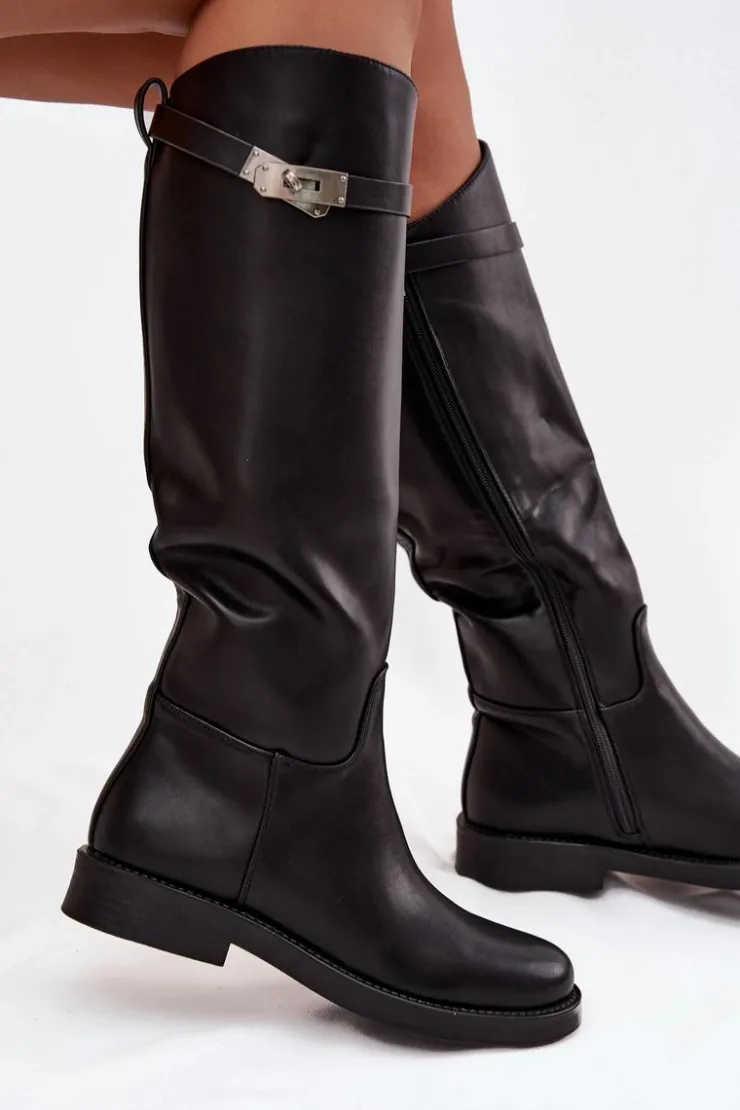 Damskie Boto Kozaki Damskie Z Ozdobnym Paskiem Eko Skórzane Czarne Palisse