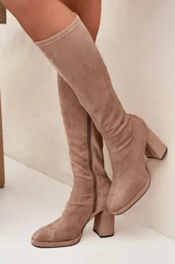 Sale Boto Kozaki Damskie Z Przeszyciami Na Słupkowym Obcasie Beżowe Brivana Beżowy