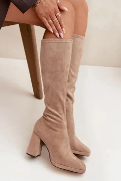 Sale Boto Kozaki Damskie Z Przeszyciami Na Słupkowym Obcasie Beżowe Brivana Beżowy