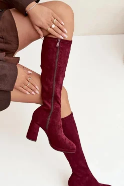 Damskie Boto Kozaki Damskie Z Przeszyciami Na Słupkowym Obcasie Bordowe Brivana
