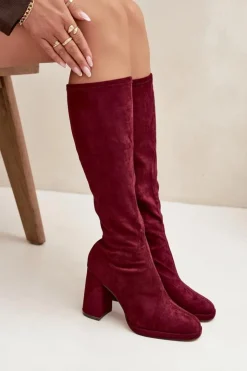 Damskie Boto Kozaki Damskie Z Przeszyciami Na Słupkowym Obcasie Bordowe Brivana