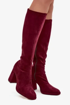 Damskie Boto Kozaki Damskie Z Przeszyciami Na Słupkowym Obcasie Bordowe Brivana