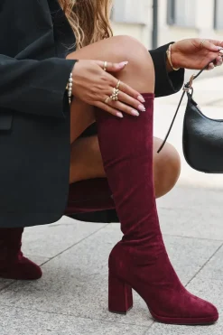 Damskie Boto Kozaki Damskie Z Przeszyciami Na Słupkowym Obcasie Bordowe Brivana