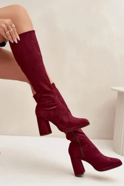 Damskie Boto Kozaki Damskie Z Przeszyciami Na Słupkowym Obcasie Bordowe Brivana