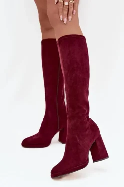 Damskie Boto Kozaki Damskie Z Przeszyciami Na Słupkowym Obcasie Bordowe Brivana