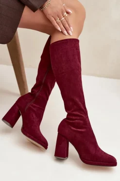 Damskie Boto Kozaki Damskie Z Przeszyciami Na Słupkowym Obcasie Bordowe Brivana