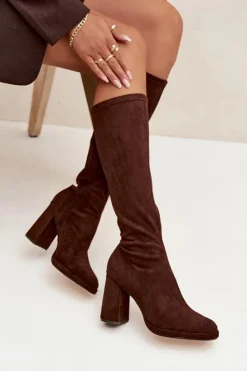 Clearance Boto Kozaki Damskie Z Przeszyciami Na Słupkowym Obcasie Brązowe Brivana