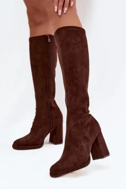 Clearance Boto Kozaki Damskie Z Przeszyciami Na Słupkowym Obcasie Brązowe Brivana