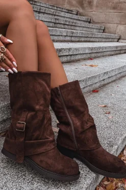 Boto Kozaki Z Wywiniętą Cholewką|Kozaki Płaskie*Kozaki Damskie Z Wywiniętą Cholewką Do Połowy Łydki Z Klamrą Czekoladowe Minelle Brązowy