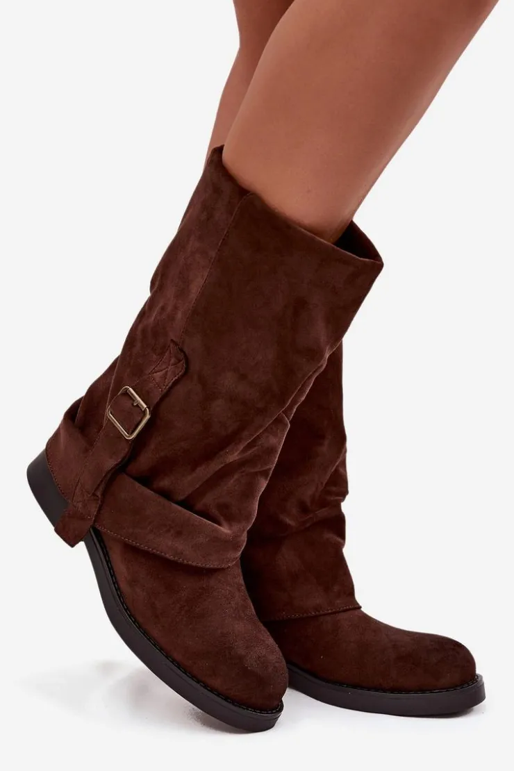 Boto Kozaki Z Wywiniętą Cholewką|Kozaki Płaskie*Kozaki Damskie Z Wywiniętą Cholewką Do Połowy Łydki Z Klamrą Czekoladowe Minelle Brązowy