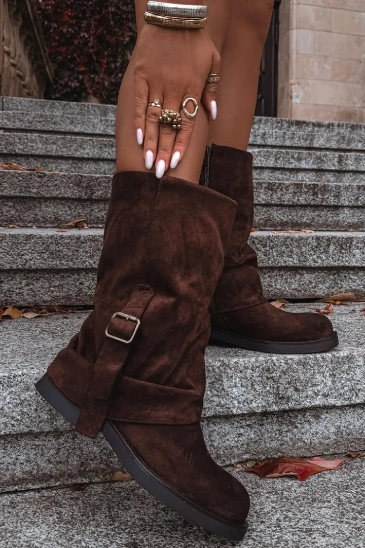 Boto Kozaki Z Wywiniętą Cholewką|Kozaki Płaskie*Kozaki Damskie Z Wywiniętą Cholewką Do Połowy Łydki Z Klamrą Czekoladowe Minelle Brązowy