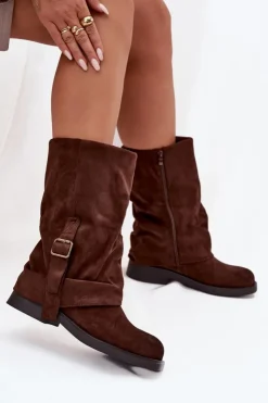 Boto Kozaki Z Wywiniętą Cholewką|Kozaki Płaskie*Kozaki Damskie Z Wywiniętą Cholewką Do Połowy Łydki Z Klamrą Czekoladowe Minelle Brązowy