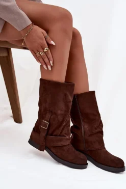 Boto Kozaki Z Wywiniętą Cholewką|Kozaki Płaskie*Kozaki Damskie Z Wywiniętą Cholewką Do Połowy Łydki Z Klamrą Czekoladowe Minelle Brązowy