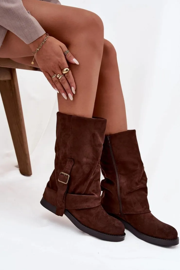 Boto Kozaki Z Wywiniętą Cholewką|Kozaki Płaskie*Kozaki Damskie Z Wywiniętą Cholewką Do Połowy Łydki Z Klamrą Czekoladowe Minelle Brązowy