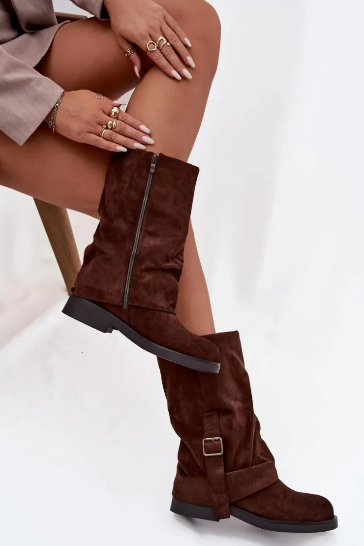 Boto Kozaki Z Wywiniętą Cholewką|Kozaki Płaskie*Kozaki Damskie Z Wywiniętą Cholewką Do Połowy Łydki Z Klamrą Czekoladowe Minelle Brązowy