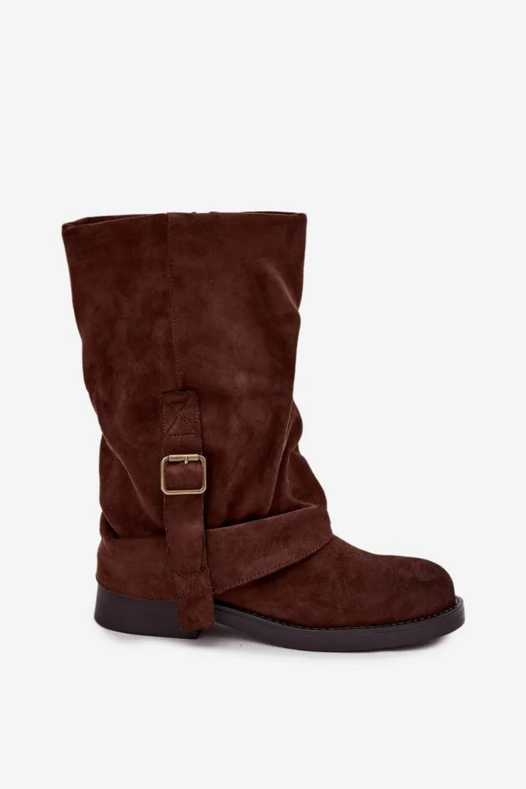 Boto Kozaki Z Wywiniętą Cholewką|Kozaki Płaskie*Kozaki Damskie Z Wywiniętą Cholewką Do Połowy Łydki Z Klamrą Czekoladowe Minelle Brązowy