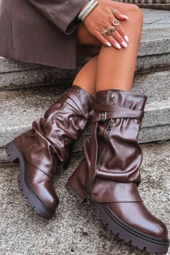 Boto Kozaki Z Wywiniętą Cholewką|Kozaki Płaskie*Kozaki Damskie Z Wywiniętą Cholewką Do Połowy Łydki Z Paskiem Czekoladowe Darisa Brązowy