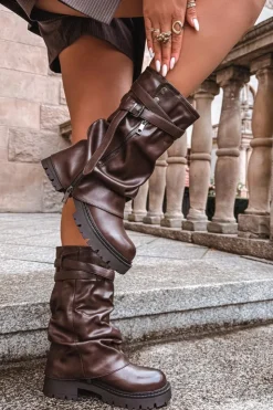 Boto Kozaki Z Wywiniętą Cholewką|Kozaki Płaskie*Kozaki Damskie Z Wywiniętą Cholewką Do Połowy Łydki Z Paskiem Czekoladowe Darisa Brązowy