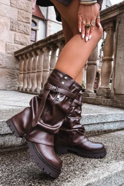 Boto Kozaki Z Wywiniętą Cholewką|Kozaki Płaskie*Kozaki Damskie Z Wywiniętą Cholewką Do Połowy Łydki Z Paskiem Czekoladowe Darisa Brązowy