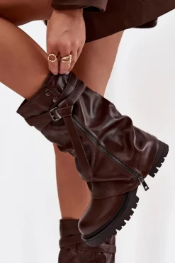 Boto Kozaki Z Wywiniętą Cholewką|Kozaki Płaskie*Kozaki Damskie Z Wywiniętą Cholewką Do Połowy Łydki Z Paskiem Czekoladowe Darisa Brązowy