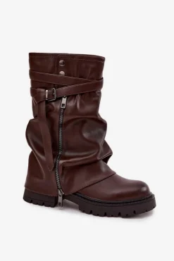 Boto Kozaki Z Wywiniętą Cholewką|Kozaki Płaskie*Kozaki Damskie Z Wywiniętą Cholewką Do Połowy Łydki Z Paskiem Czekoladowe Darisa Brązowy