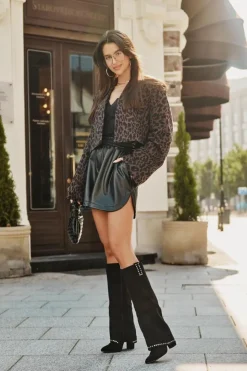 Clearance Boto Kozaki Damskie Z Wywiniętą Cholewką Na Słupku Czarne Kaithena Czarny