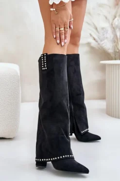 Clearance Boto Kozaki Damskie Z Wywiniętą Cholewką Na Słupku Czarne Kaithena Czarny