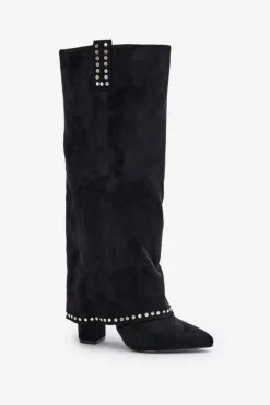 Clearance Boto Kozaki Damskie Z Wywiniętą Cholewką Na Słupku Czarne Kaithena Czarny