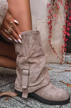 Damskie Boto Kozaki Damskie Z Wywiniętą Cholewką Do Połowy Łydki Z Klamrą Khaki Minelle