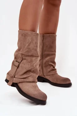 Damskie Boto Kozaki Damskie Z Wywiniętą Cholewką Do Połowy Łydki Z Klamrą Khaki Minelle