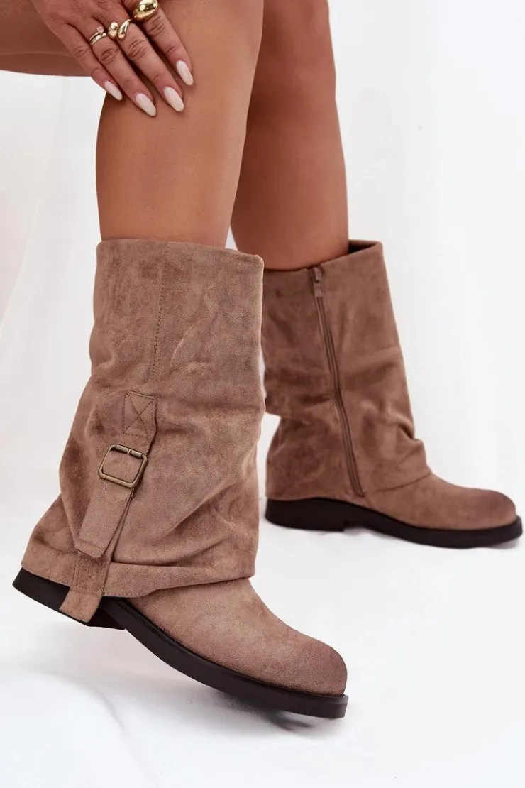 Damskie Boto Kozaki Damskie Z Wywiniętą Cholewką Do Połowy Łydki Z Klamrą Khaki Minelle