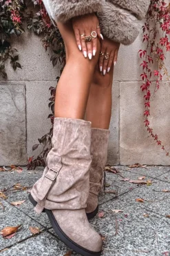 Damskie Boto Kozaki Damskie Z Wywiniętą Cholewką Do Połowy Łydki Z Klamrą Khaki Minelle