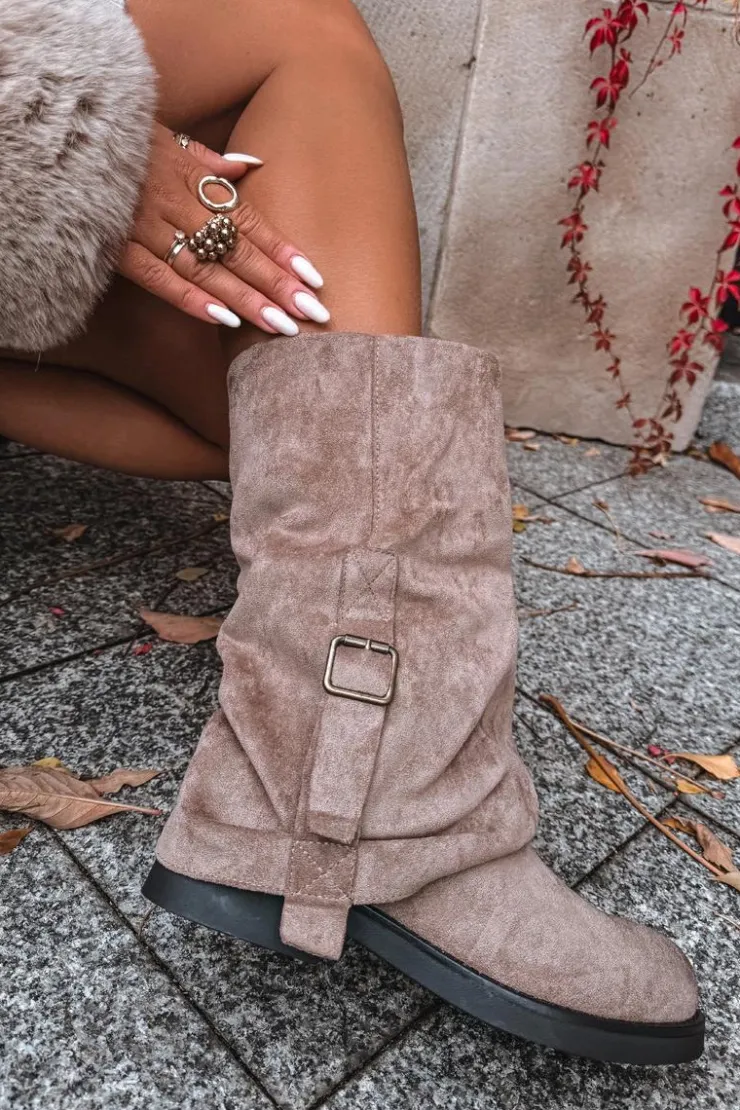 Damskie Boto Kozaki Damskie Z Wywiniętą Cholewką Do Połowy Łydki Z Klamrą Khaki Minelle