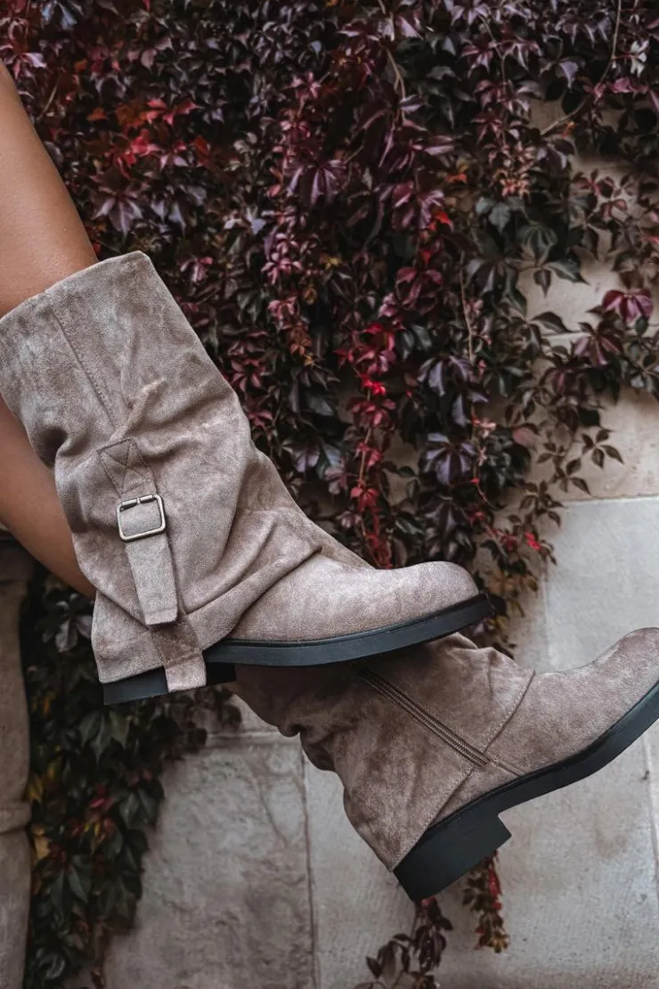 Damskie Boto Kozaki Damskie Z Wywiniętą Cholewką Do Połowy Łydki Z Klamrą Khaki Minelle